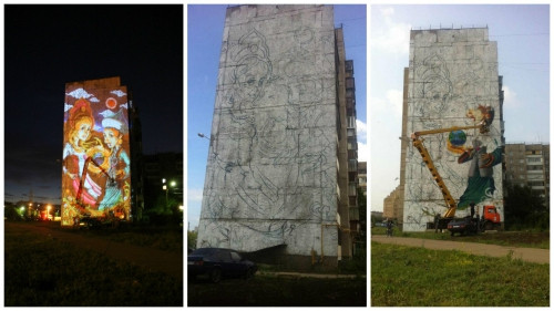 Русская девушка и казашка. Магнитогорские художники украшают фасад очередного дома