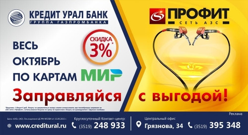 Акция от сети АЗС «Профит» для держателей карт «Мир» Кредит Урал Банка