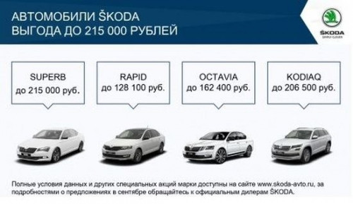ŠKODA предлагает выгодные условия на покупку автомобилей в сентябре